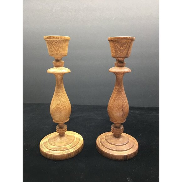 Vintage Hand Turned Wooden Candlesticks Taper Holders Two-Toned 7.5" Tall - Picture 1 of 16